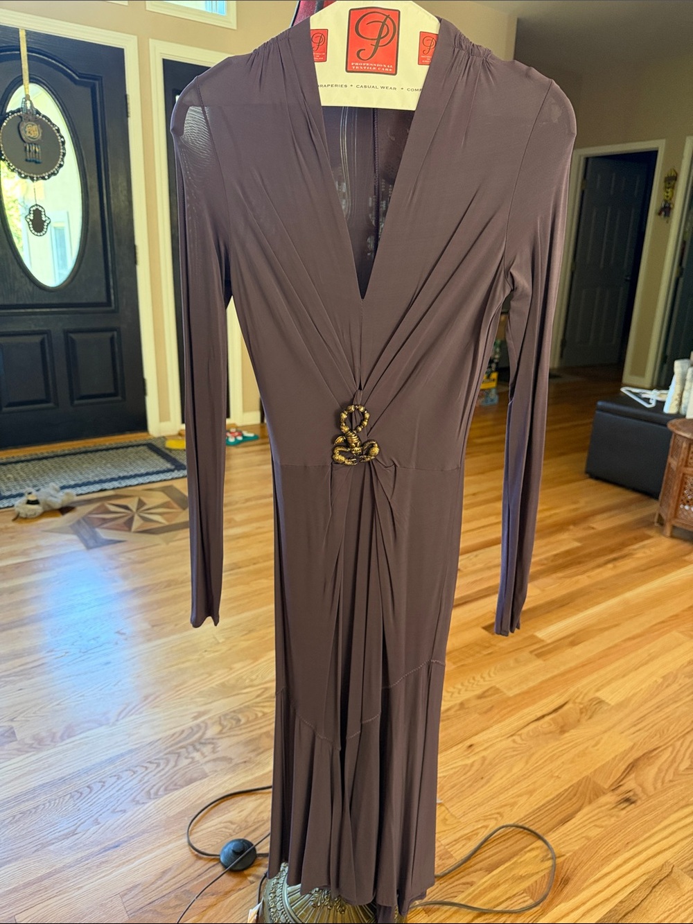 Class Roberto Cavalli Long Sleeve Deep Brown Dress with Gold Buckle
